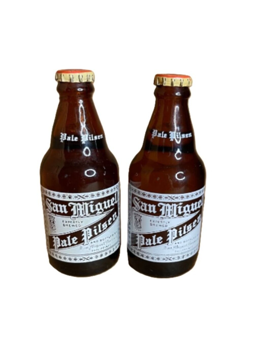 Vintage 1980s San Miguel Pale Pilsen Miniature Bottles Pair PRISTINE Painted ACL